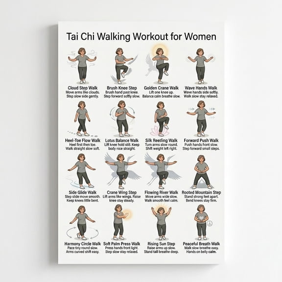 Tai Chi Walking Workout for Women Poster - 16''x24'' Unframed Daily Balance Training Exercise Wall Art - Mindfulness & Mobility Guide for Home Gym & Yoga Studio