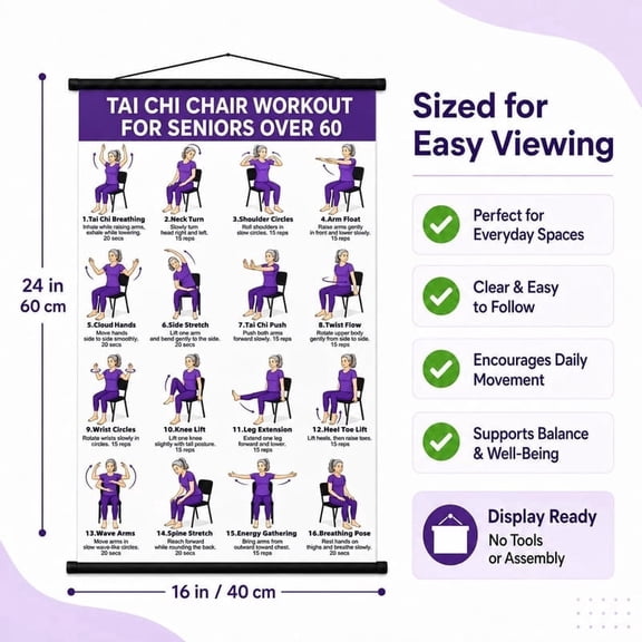 Tai Chi Workout Chart Poster for Seniors & Beginners, Seated Chair Tai Chi Exercise Poster, 30-Day Challenge Balance, Flexibility & Mobility Training Guide, Instructional Wall Art, 16" x 24", Purple