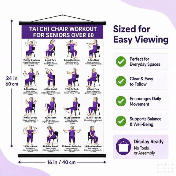 Tai Chi Workout Chart Poster for Seniors & Beginners, Seated Chair Tai Chi Exercise Poster, 30-Day Challenge Balance, Flexibility & Mobility Training Guide, Instructional Wall Art, 16" x 24", Purple