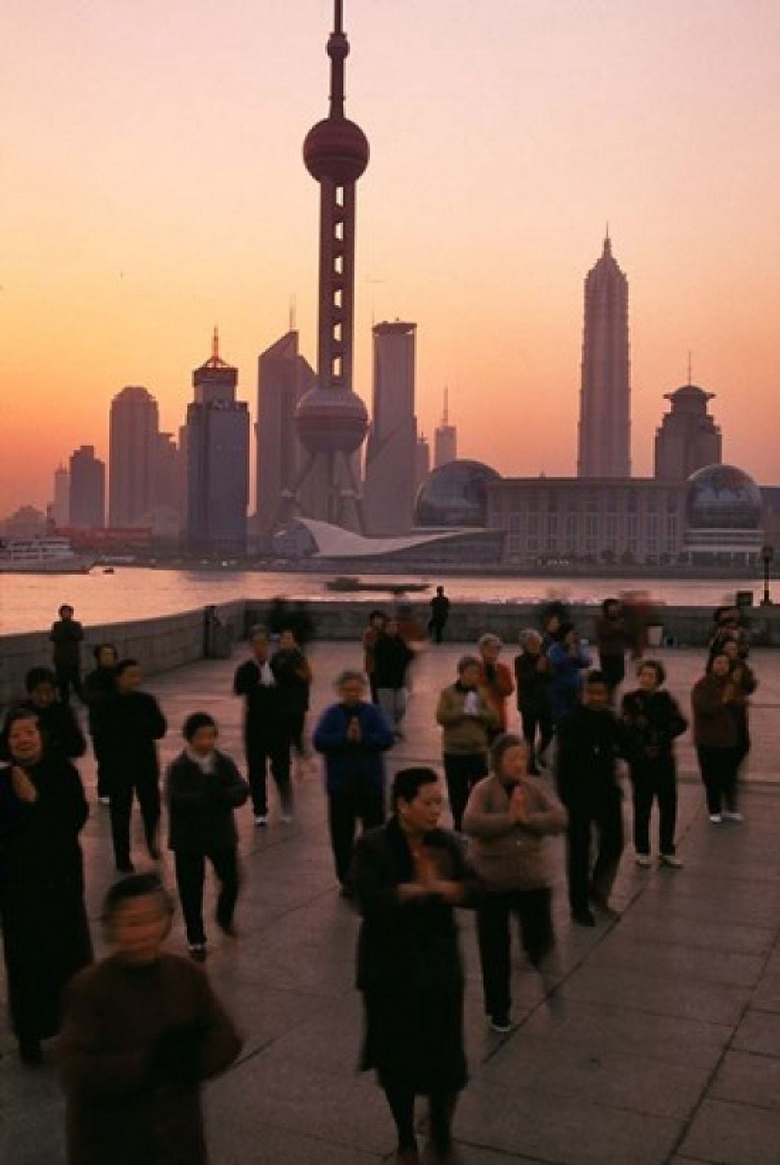 Tai-Chi on the Bund Oriental Pearl TV Tower and High Rises Shanghai China Canvas Art - Keren Su DanitaDelimont (12 x 17)