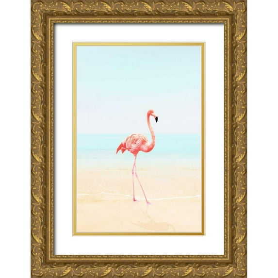 Tai Prints 23x32 Gold Ornate Wood Framed with Double Matting Museum Art Print Titled - Flamingo on the Beach II