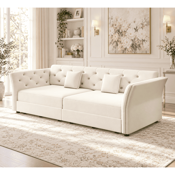 TaiEnjoy 74.4" King Sleeper Sofa Bed, Velvet Pull Out Couch with 25.6" Deep Seat, Floral Tufted Cushions, Curved Arms, Convertible Guest Bed, Beige