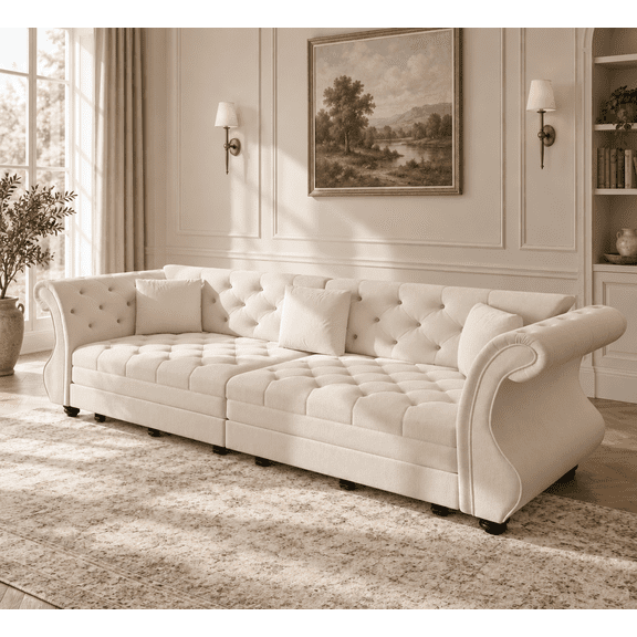 TaiEnjoy 83.8" Queen Sleeper Sofa Bed, 3-in-1 Velvet Pull Out Couch with 26" Deep Seat, Chesterfield Sofa with Rolled Arms & Floral Tufting, Convertible 4-Seat Couch for Living Room, Beige