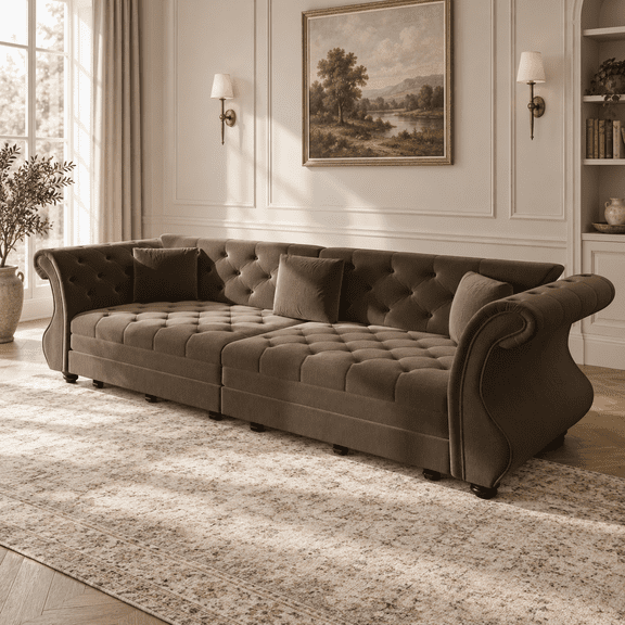 TaiEnjoy 83.8" Queen Sleeper Sofa Bed, 3-in-1 Velvet Pull Out Couch with 26" Deep Seat, Chesterfield Sofa with Rolled Arms & Floral Tufting, Convertible 4-Seat Couch for Living Room, Brown