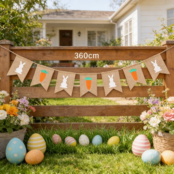 Taicans 10.5ft Easter Burlap Banner - Rustic Burlap Pennant Garland with Bunny,Chick & Carrot Cutouts - Reusable Farmhouse Hanging Bunting for Easter Party,Mantel,Porch,Wall & Spring Home Decorations