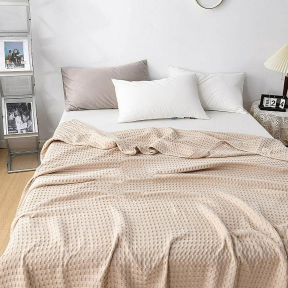 Taicans Cotton Waffle Weave Blanket King Size,Cotton Bed Blanket Soft Boho Bedding Lightweight Breathable Twin Blanket All Season Gauze Blanket Khaki