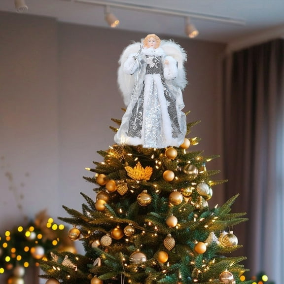 Taicans 12" Glitter Angel Christmas Tree Topper with LED Lights & Bendable Wings - Shatterproof PVC Material,Warm White Light for Xmas Tree Decorations