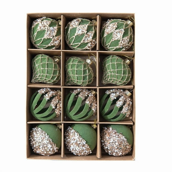Taicans 12PC Flocked Christmas Ornaments Set - Hand-Painted Hollow-Out Design with Rhinestones & Glittered Crystal Accents,Gold String Loops & Storage Box - Tree Decorations for Holiday Season