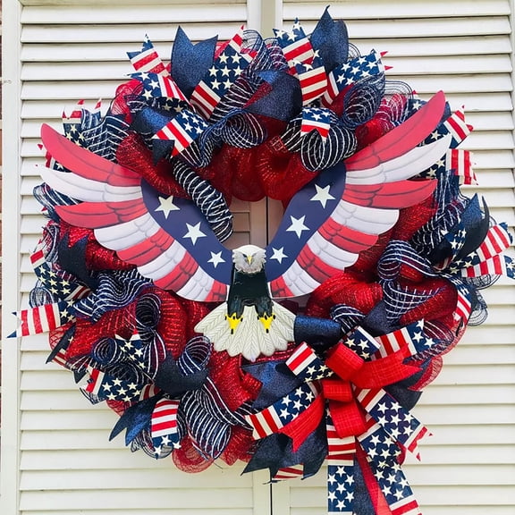 Taicans 19.7in Patriotic Eagle Wreath with American Flag Bows - 4th of July Front Door Decor,Memorial Day,Veterans Day,Red White Blue Farmhouse Porch Wall Hanging