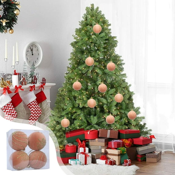 Taicans 2.4in Flocked Glitter Christmas Balls - Set of 4 Green Hanging Ornaments for Tree Decorations,Plastic Holiday Party Decorations,Easy Hang Festive Home Decor