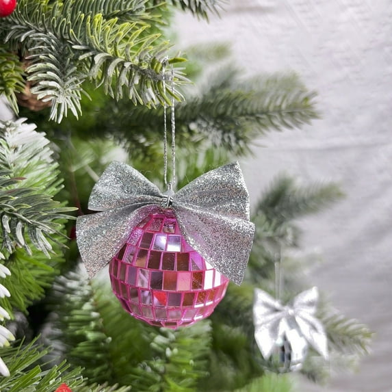 Taicans 2-Inch Mirror Disco Ball Christmas Ornaments with Bow- Pink Rotating Party Decor with 300+ Tiles + Shatterproof Plastic Baubles,Xmas Tree/Wedding/Club Decorations