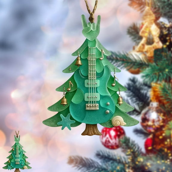 Taicans 3.14in Acrylic Guitar Christmas Tree Ornament with Bells & Star - Festive Mini Holiday Decor,Unique Xmas Gifts for Home & Tree - Hanging Ornament