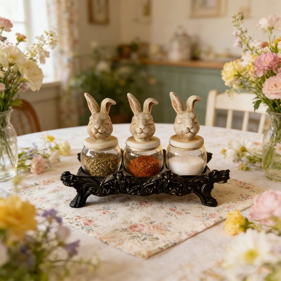 Taicans 3 Pcs Vintage Rabbit Head Glass Storage Jars Set with Decorative Tray,Airtight Clear Glass Canisters with Bunny Lids for Candy,Treats,Kitchen & Easter Decor