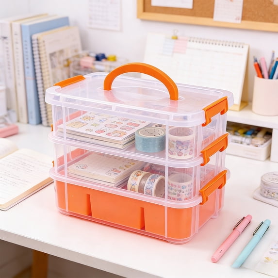 Taicans 3-Tier Stackable Storage Box,Desktop Organizer with Handle & Latches,Portable Plastic Storage Container for office Supplies Stationery Makeup,Space-Saving Small Parts Organizer for Home