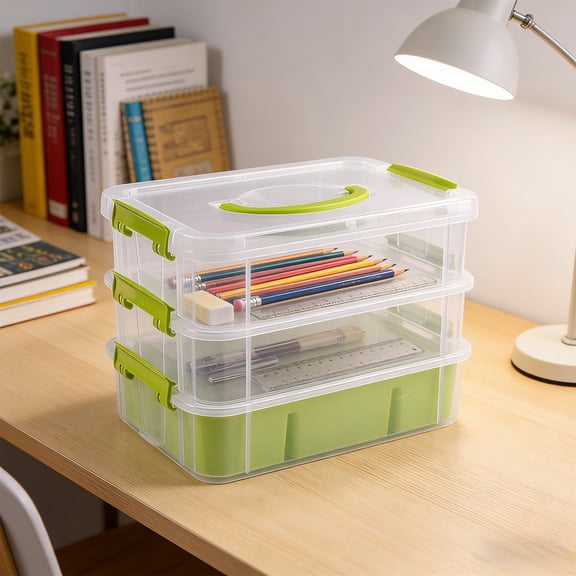 Taicans 3-Tier Stackable Storage Box,Desktop Organizer with Handle & Latches,Portable Plastic Storage Container for office Supplies Stationery Makeup,Space-Saving Small Parts Organizer for Home