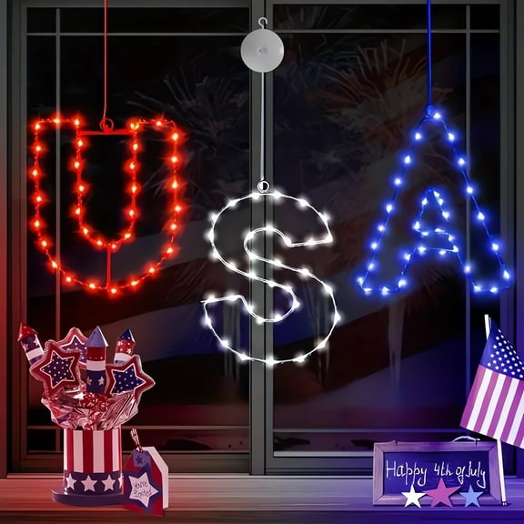 Taicans 4th of July Window Lights Decorations,American Flag Red White and Blue USA Lights Silhouette Suction Cup Window Lights for Fourth of July,Independence Labor Memorial Day 6.3 x 7.5 in
