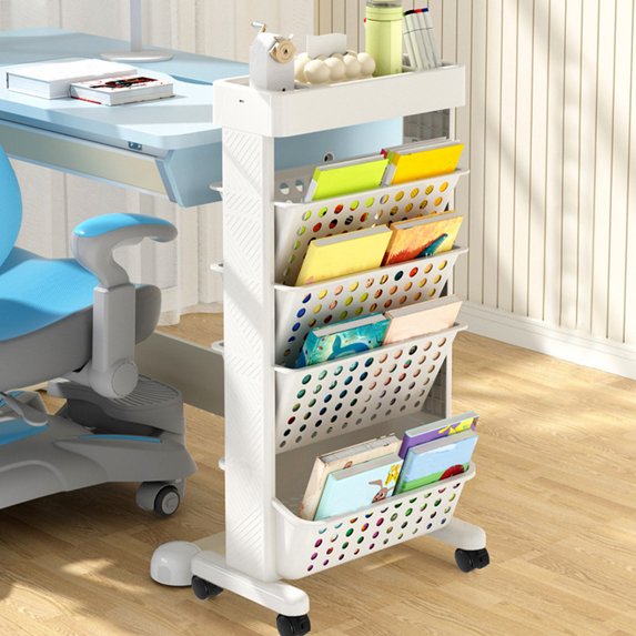 Taicans 5 Tier Trolley Rolling Book Cart Mobile Bookshelf,Multi-Functional Movable Storage Book Shelves,Slide Out Storage Organizer Narrow Mobile Shelving Unit for office,Dorm,Classroom,Nursery D