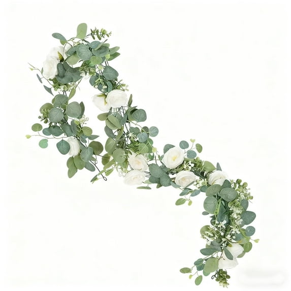 Taicans 6tf Realistic Eucalyptus Garland with White Roses - Fake Rose Flower Greenery Garland Floral Vines for Wedding Home Party Table Runner Decor,Lifelike Silk Flowers,Easy Hanging