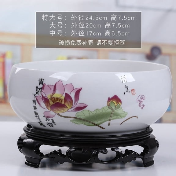 Taicans 9 Inch Lotus Bowl Planter Water Lily Pot Glazed Ceramic Water Plant Pot with Plastic Stand Lotus Flower Bowl White Planter Hydroponic Container Bonsai Pots for Indoor Garden Decoration