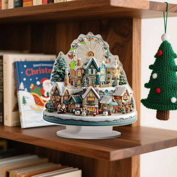 Taicans Acrylic Christmas Castle Village Desktop Decor - 2D Miniature Castle with Ferris Wheel & Carousel,Lighted Holiday Town,Rotating Acrylic Dome,Winter Wonderland,Home Decor,Christmas Gift