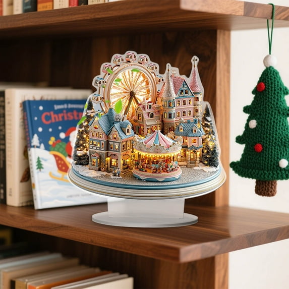 Taicans Acrylic Christmas Castle Village Desktop Decor - 2D Miniature Castle with Ferris Wheel & Carousel,Lighted Holiday Town,Rotating Acrylic Dome,Winter Wonderland,Home Decor,Christmas Gift
