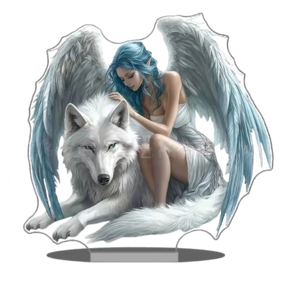 Taicans Angel & White Wolf Acrylic Figurine,Fantasy Elf Girl with Wing Desk Decor,Anime Figure Ornament for Bedroom,office,Gaming Room,Fantasy Art Collectible,Gift for Anime & Wolf Lovers,2D