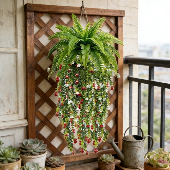 Taicans Artificial Hanging Fern Plant with Red & White Flowers,29.53in Fake Vine for Wall Ceiling Decor,Realistic No Maintenance Faux Greenery for Home office Wedding Party