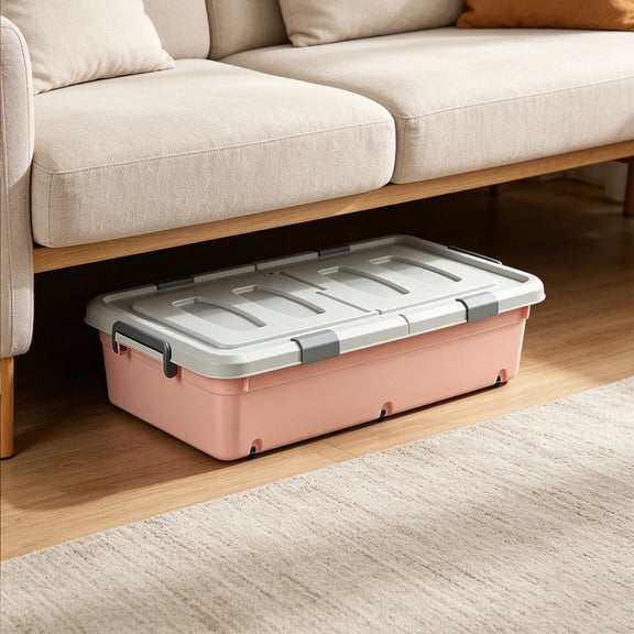 Taicans Under Bed Storage Box with Wheels - Low Profile Plastic Rolling Container with Lid & Clips,Organizer for Clothes Blankets Toys,Bedroom,15.3x31x6in