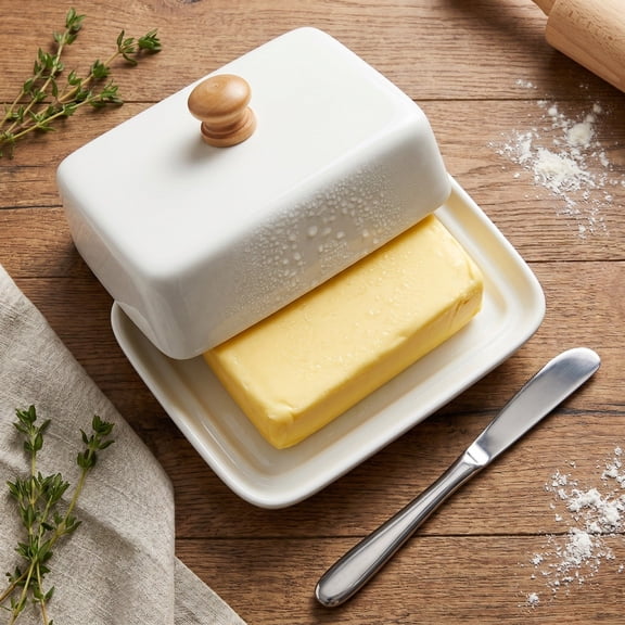 Taicans Butter Dish with Lid,Ceramic Butter Keeper with Wooden Knob for Kitchen
