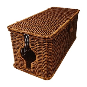 Taicans Cable Management Box,Desk Handwoven Rattan Cord Hider Cable Organizer Box with Lid Button Lock for Desk Cord Hider Outlet Cover,Power Strip TV PC Router Charger Under Desk Storage
