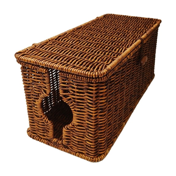 Taicans Cable Management Box,Desk Handwoven Rattan Cord Hider Cable Organizer Box with Lid Button Lock for Desk Cord Hider Outlet Cover,Power Strip TV PC Router Charger Under Desk Storage