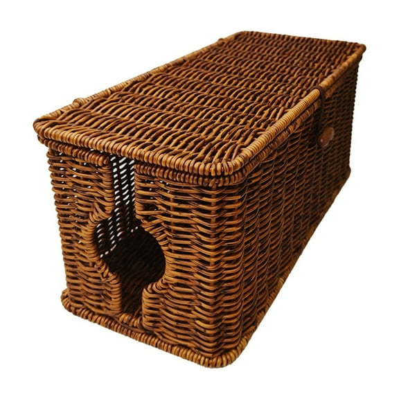 Taicans Cable Management Box,Desk Handwoven Rattan Cord Hider Cable Organizer Box with Lid Button Lock for Desk Cord Hider Outlet Cover,Power Strip TV PC Router Charger Under Desk Storage