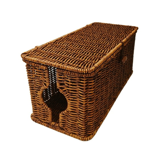 Taicans Cable Management Box,Desk Handwoven Rattan Cord Hider Cable Organizer Box with Lid Button Lock for Desk Cord Hider Outlet Cover,Power Strip TV PC Router Charger Under Desk Storage