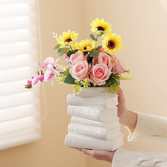 Taicans Ceramic Stacked Book Vase 7.9 Inch Vintage,Handcrafted Ivory Decorative Vase for Artificial Flowers Bookshelf Desk,Multi-Purpose Home Decor Accent for Living Room office,Book Lover Gift