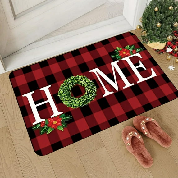 Taicans Christmas Buffalo Plaid Doormat - Red & Black Checkered Holiday Welcome Mat (23.62x15.75in),Non-Slip,Festive Wreath & Holly Design,Perfect for Xmas Gifts & Seasonal Front Door