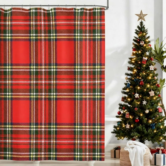 Taicans Christmas Buffalo Plaid Shower Curtain - Scottish Farmhouse Style Bathroom Decor with 12 Hooks,Red & Green Tartan Pattern,Waterproof Fabric for Bathtub,Holiday & Everyday Use,47X71in