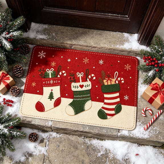 Taicans Christmas Stocking Doormat Non Slip Washable 24x16 Inch Holiday Floor Mat,Winter Xmas Decor Rug for Entryway Kitchen Indoor Home Decoration