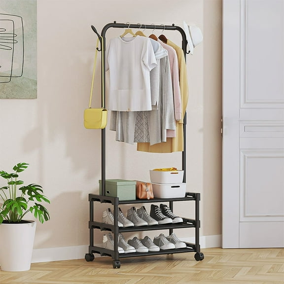 Taicans Clothes Rack - Clothing Rack with 3-Tier Storage Shelf & Casters,Clothes Rack for Hanging Clothes with 2 Hooks,Multi-functional Bedroom Clothes Rack