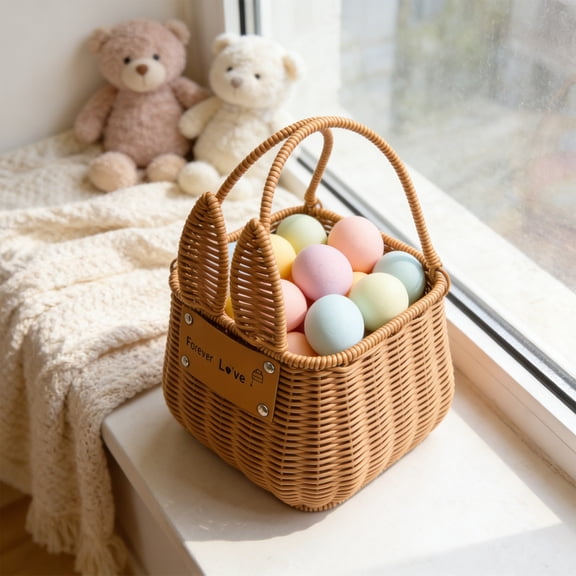 Taicans Cute Bunny Ear Wicker Handbag,Natural Rattan Woven Basket Bag with Leather Patch,Portable Small Wicker Purse for Women,Easter Gift,Wedding,Beach & Daily Use,6.5x6.1x6.3 Inches