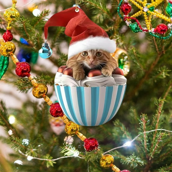 Taicans Cute Cat in Red Tea Cup Christmas Ornament - 8cm/3.1in Handmade Holiday Tree Decoration,Festive Gift for Xmas,Cute Hanging Decor,2D