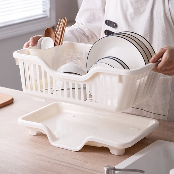 Taicans Dish Drying Rack with Drainboard Dish Drainers for Kitchen Counter with Sink Spout Dish Strainers with Utensil Holder,Space-efficient,Self-Draining,for Kitchen Counter Beige