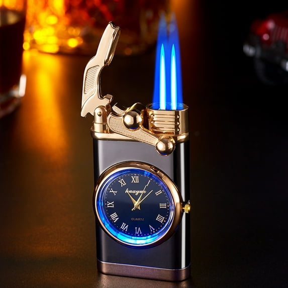 Taicans Double Flame Cigar Lighter with Quartz Watch - Windproof Blue Jet Flame,Refillable Butane Torch Lighter,Unique Design Gift for Men,Father's Day Birthday Present (2.95x1.5x0.67in)