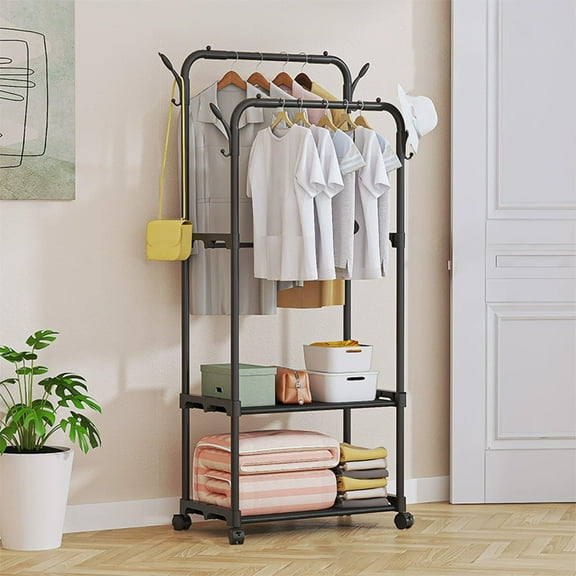 Taicans Double Rods Garment Rack with Wheels,Double Rods Clothing Garment Rack with Wheels and 2-Tier Storage Shelf,Clothes Rack for Hanging Clothes with 4 Hooks,Multi-functional Bedroom Clothes Rack