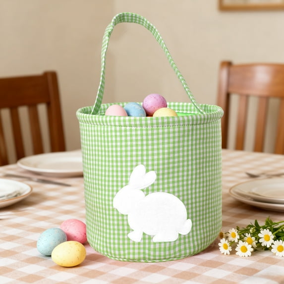 Taicans Easter Bunny Basket Bags,Rabbit Bucket Tote for Easter Egg Hunts Decorations Candy Gifts Storage,Plaid Canvas Storage Basket,Large 9.1x8.9x8.9in Storage Basket for Easter Decorations