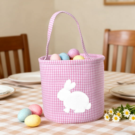 Taicans Easter Bunny Basket Bags,Rabbit Bucket Tote for Easter Egg Hunts Decorations Candy Gifts Storage,Plaid Canvas Storage Basket,Large 9.1x8.9x8.9in Storage Basket for Easter Decorations