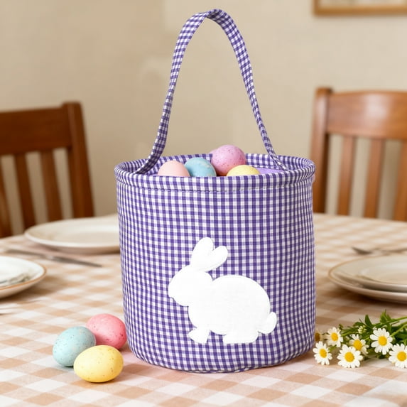 Taicans Easter Bunny Basket Bags,Rabbit Bucket Tote for Easter Egg Hunts Decorations Candy Gifts Storage,Plaid Canvas Storage Basket,Large 9.1x8.9x8.9in Storage Basket for Easter Decorations