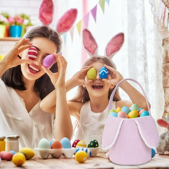 Taicans Easter Bunny Basket with Rabbit Ears - Corduroy Handheld Basket 9.1x8.9 Inches for Egg Hunt Candy Storage,Kids Easter Gift,Party Favor & Spring Decoration