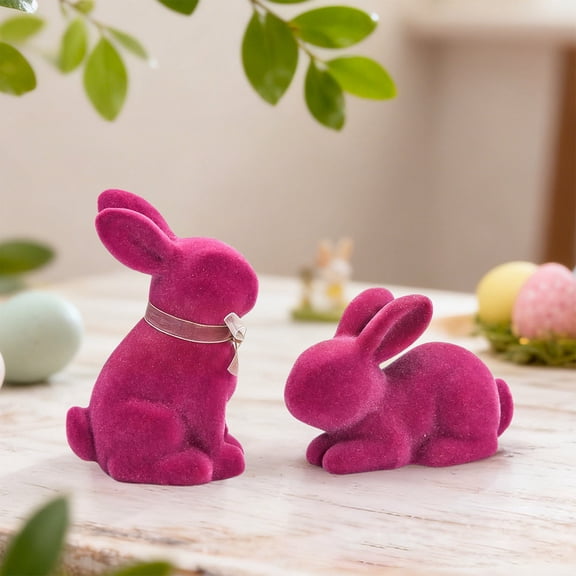 Taicans Easter Bunny Decorations Set of 2,Pink Short Pile Flocked Bunny Figurine 5.7in,Easter Table Decor,Spring Home Decor,Easter Basket Stuffer,Indoor Desktop Mantel Decor