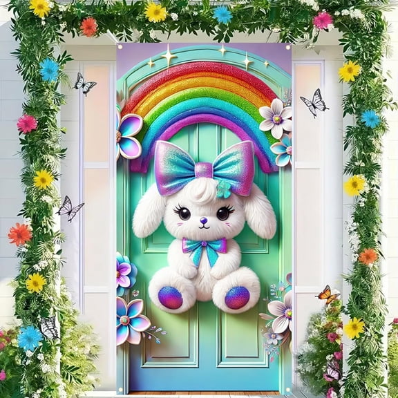 Taicans Easter Bunny Door Cover 71x35.4 Inch,Colorful Eggs & Flowers Happy Easter Spring Home Decor,Reusable Waterproof Door Decoration for Home office Party Supplies (Gift Ideas)
