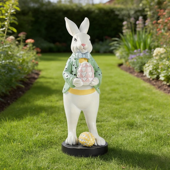 Taicans Easter Bunny Figurine with Egg Basket,12in Cute White Resin Rabbit Statue,Spring Home Table Decor,Easter Party Gift,Holiday Ornament for Mantel Shelf Decorations